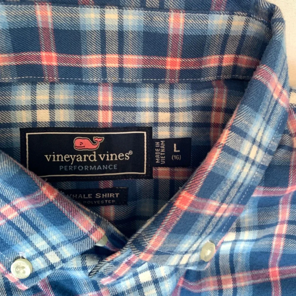 Vineyard Vines Performance Whale Shirt Boys Large 16 Blue Pink Plaid Button Down